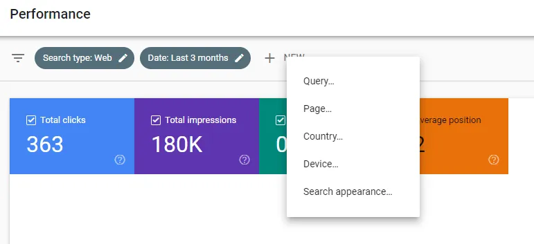 Google Search Console - Performance - Filters