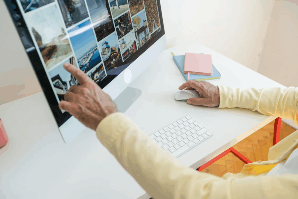 Barrierefreie Webseiten: der große Leitfaden 5 Ältere Person bedient Computer und deutet auf ein Bild auf dem Bildschirm