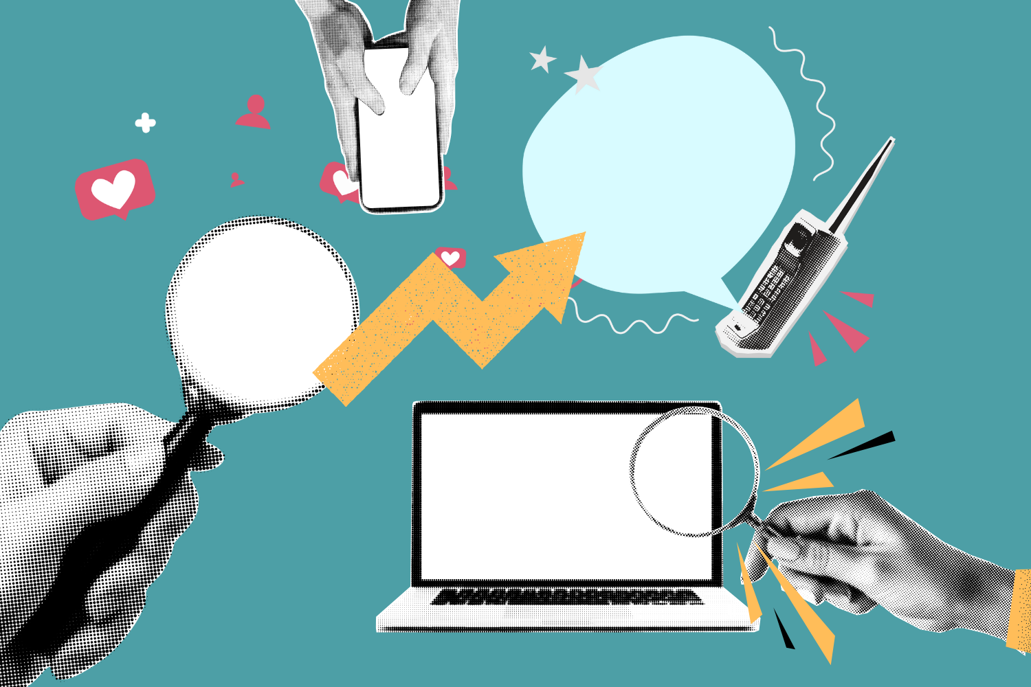 Grafik im Collage Stil, das Marketing SEO darstellt