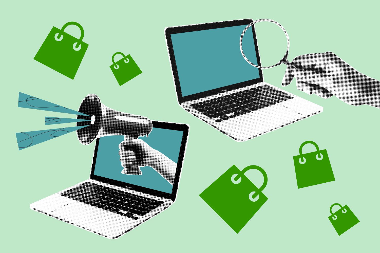 Grafik, die Shopify SEO mittels Collage Elementen beschreibt