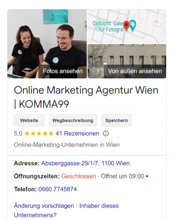 Screenshot des Google My Business Profils von KOMMA99